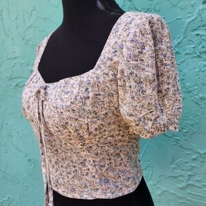 Y2K Babydoll Blue Floral Shirt Small 34 OFF SHOULDER Milkmaid Dainty Prairie Top